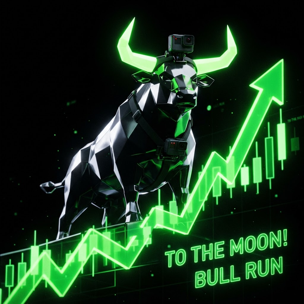 Black 3D bull with an action camera standing on rising green candles