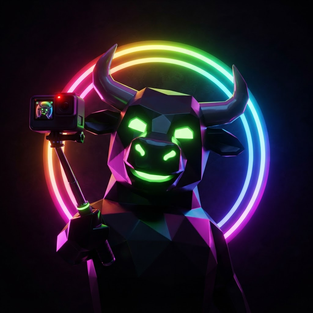 3D bull mascot filming itself with an action camera