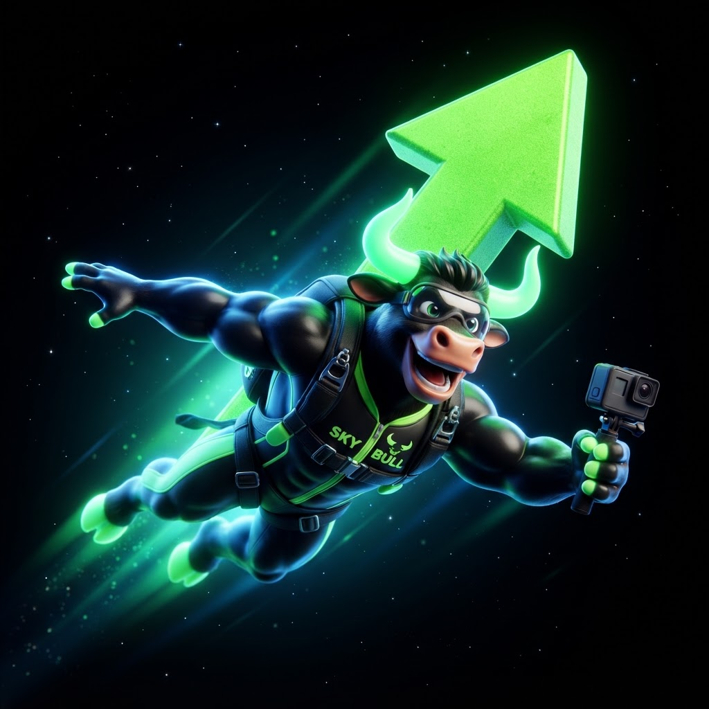 Bull mascot skydiving with an action camera in front of a green arrow