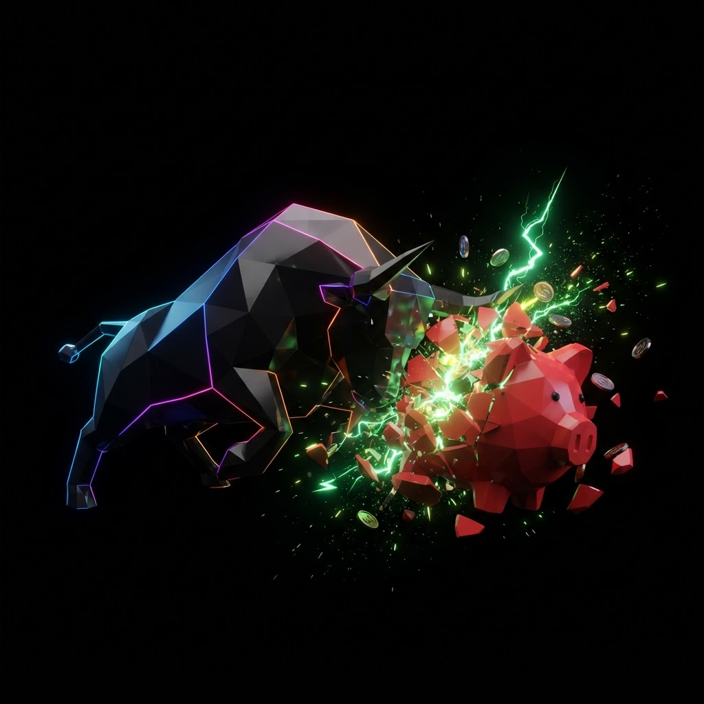 Bull smashing a red bear piggy bank with its horns
